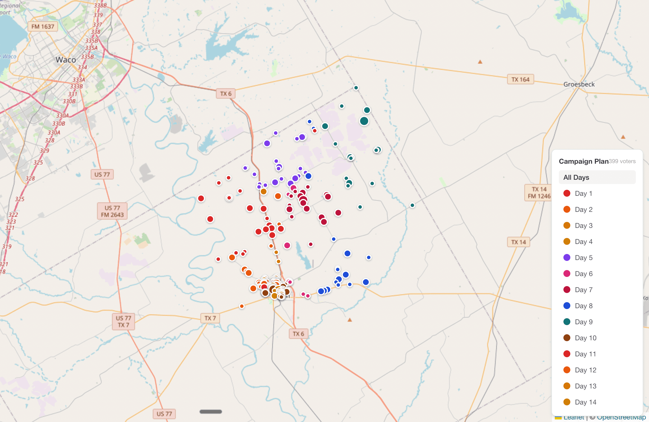 Map view showing color-coded daily canvassing routes
