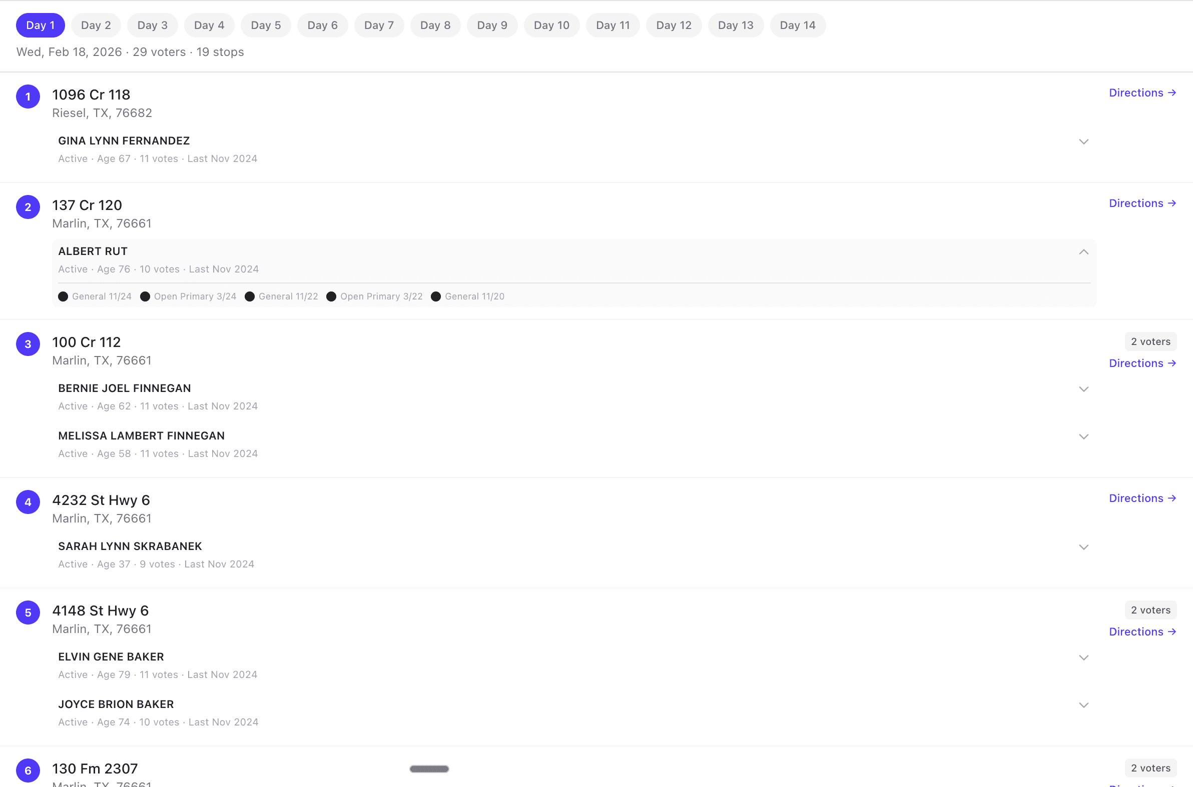 Printable walk sheet with numbered stops and voter details